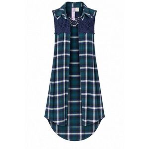 ALYA Plaid High Low Duster Top Sz M Crochet Lace Trim Open Front Boho Grunge